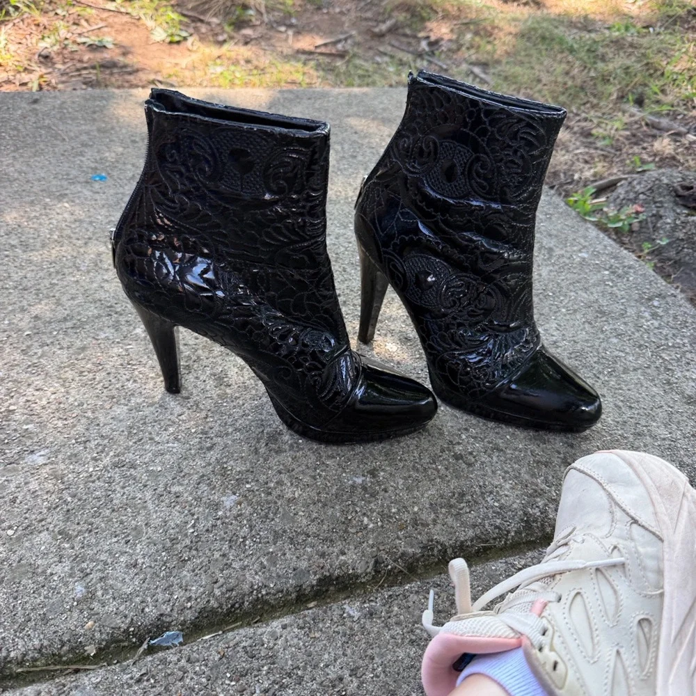 Women's Black Embossed Patent Ankle Booties with High Heel